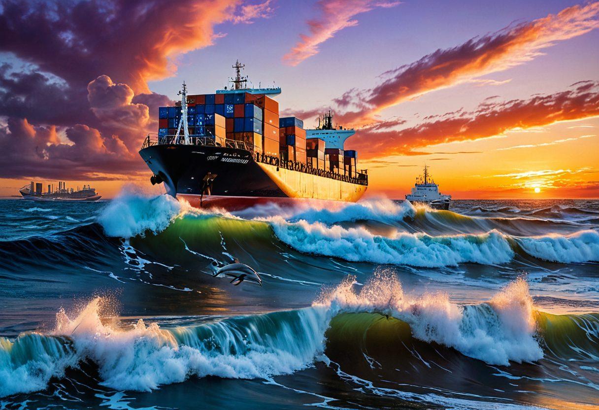 An intricate seascape featuring a modern cargo ship navigating through dynamic waves, with a backdrop of the Duluth skyline under a colorful sunset. Include shipping containers and dolphins jumping in the waves, symbolizing trends in marine insurance. The image conveys a sense of motion and adventure, reflecting the maritime industry. vibrant colors. super-realistic. dynamic composition.