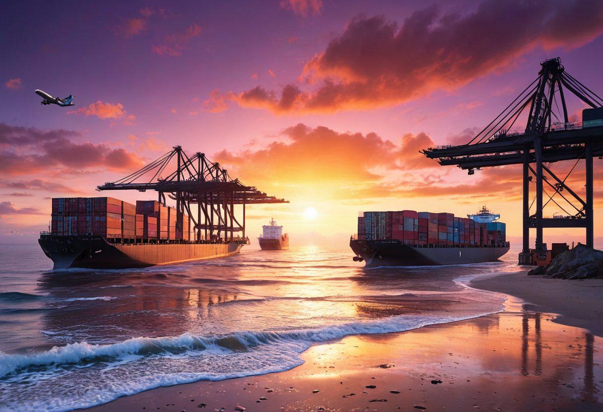 A vast ocean scene transitioning to a sandy shoreline, with freight containers being carefully loaded onto ships amidst vibrant sunset colors. Incorporate various elements of logistics like cranes and trucks in the background, along with a compass and map overlay to symbolize navigation. The atmosphere should feel dynamic and industrious, capturing the essence of freight protection and logistics. super-realistic. vibrant colors. white background.