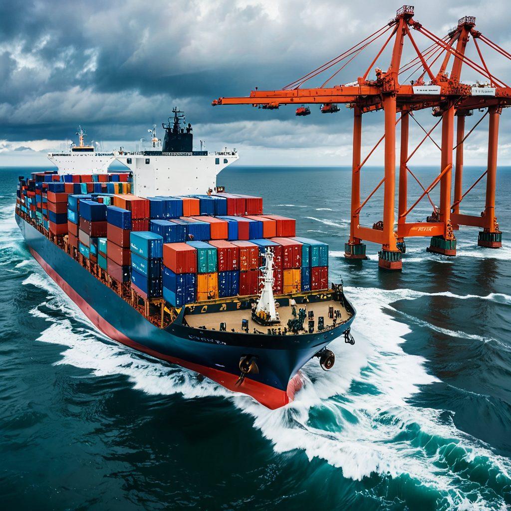 A dynamic scene of a modern cargo ship sailing through vast ocean waves, with containers stacked high on deck. Include a backdrop of a bustling port with cranes loading and unloading goods, alongside an overcast sky hinting at weather changes. Show digital screens displaying shipping updates and routes, blending technology with maritime elements. vibrant colors. super-realistic. detailed textures.